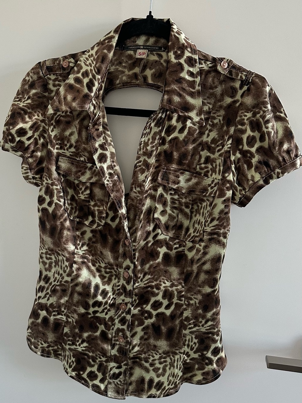 Y2K | PARASUCO | MADE IN CANADA | LEOPARD PRINT CORSET BACK SATIN BLOUSE | SZ S